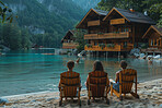 Vacation, lake and family sitting on sand during summer vacation in remote area with cabin, mountains and water background. Holding hands with river or sea view on peaceful holiday in nature