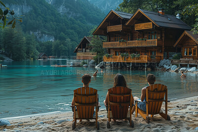 Vacation, lake and family sitting on sand during summer vacation in remote area with cabin, mountains and water background. Holding hands with river or sea view on peaceful holiday in nature