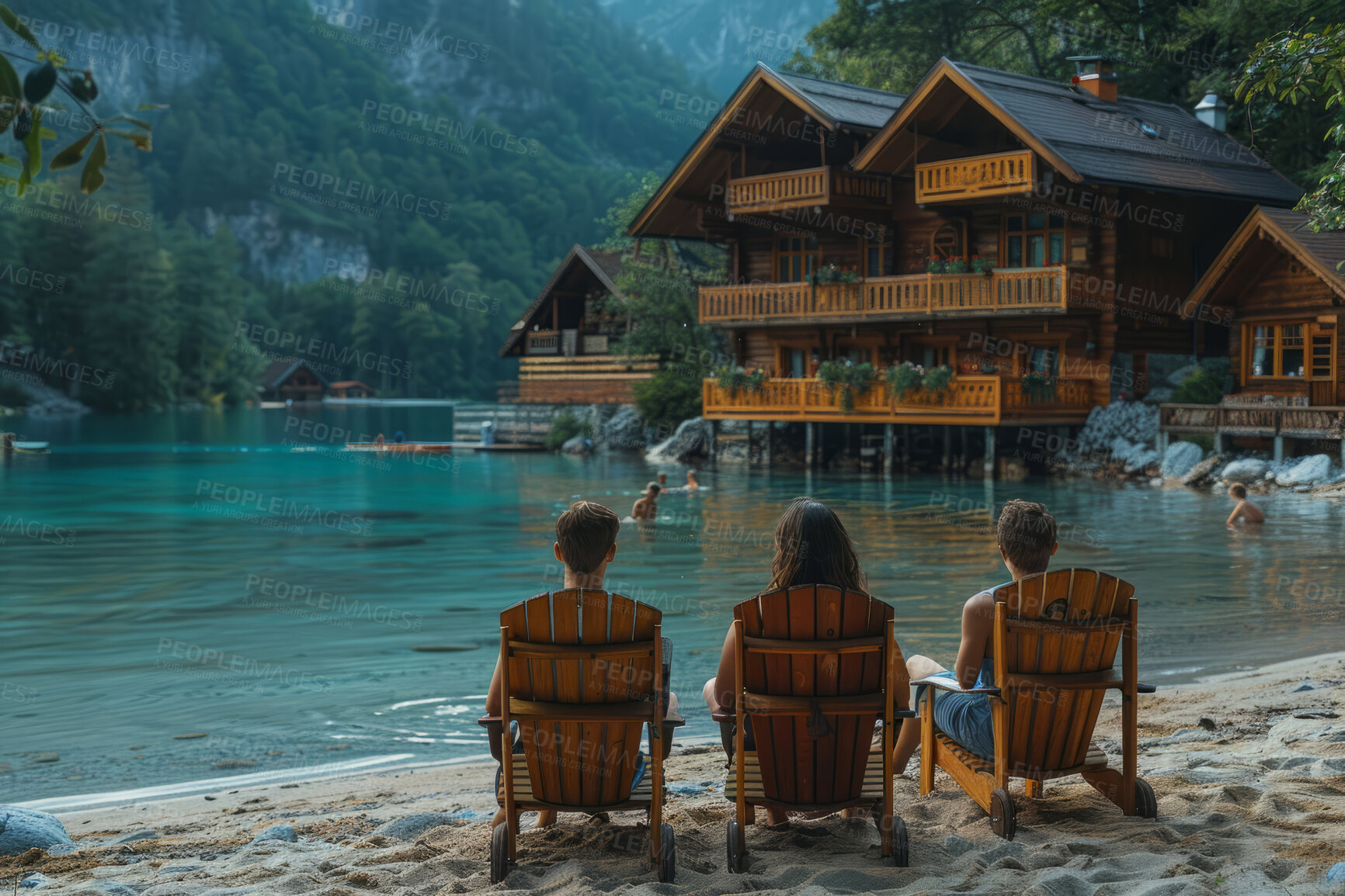 Buy stock photo Vacation, lake and family sitting on sand during summer vacation in remote area with cabin, mountains and water background. Holding hands with river or sea view on peaceful holiday in nature