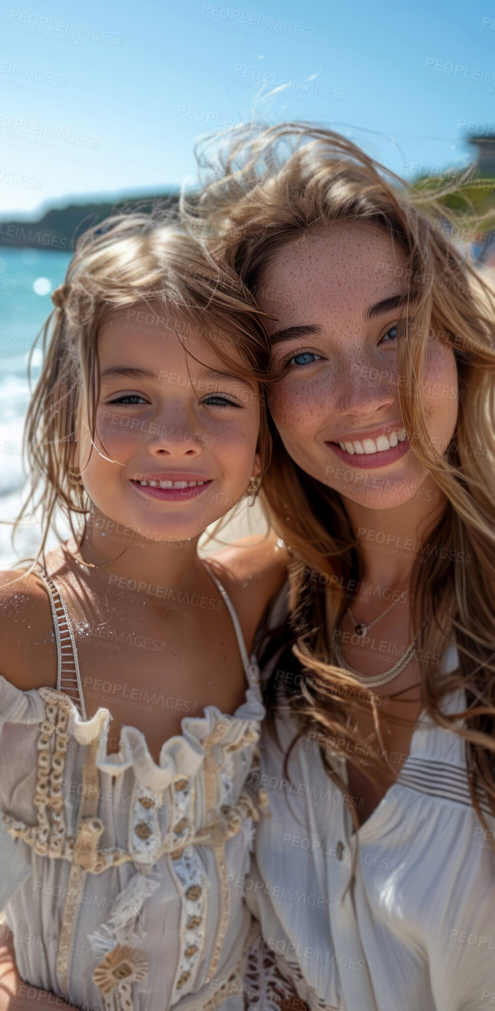 Buy stock photo Portrait family, travel and girl smile on holiday on beach with parent, excited on tropical island and happy on vacation by sea. Mother and daughter with love for child on smiling during spring