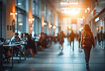 Corporate, building and business group of people walking in large office, hotel or hallway. Blurry, silhouette and movement background for architecture, wallpaper and conference in modern times