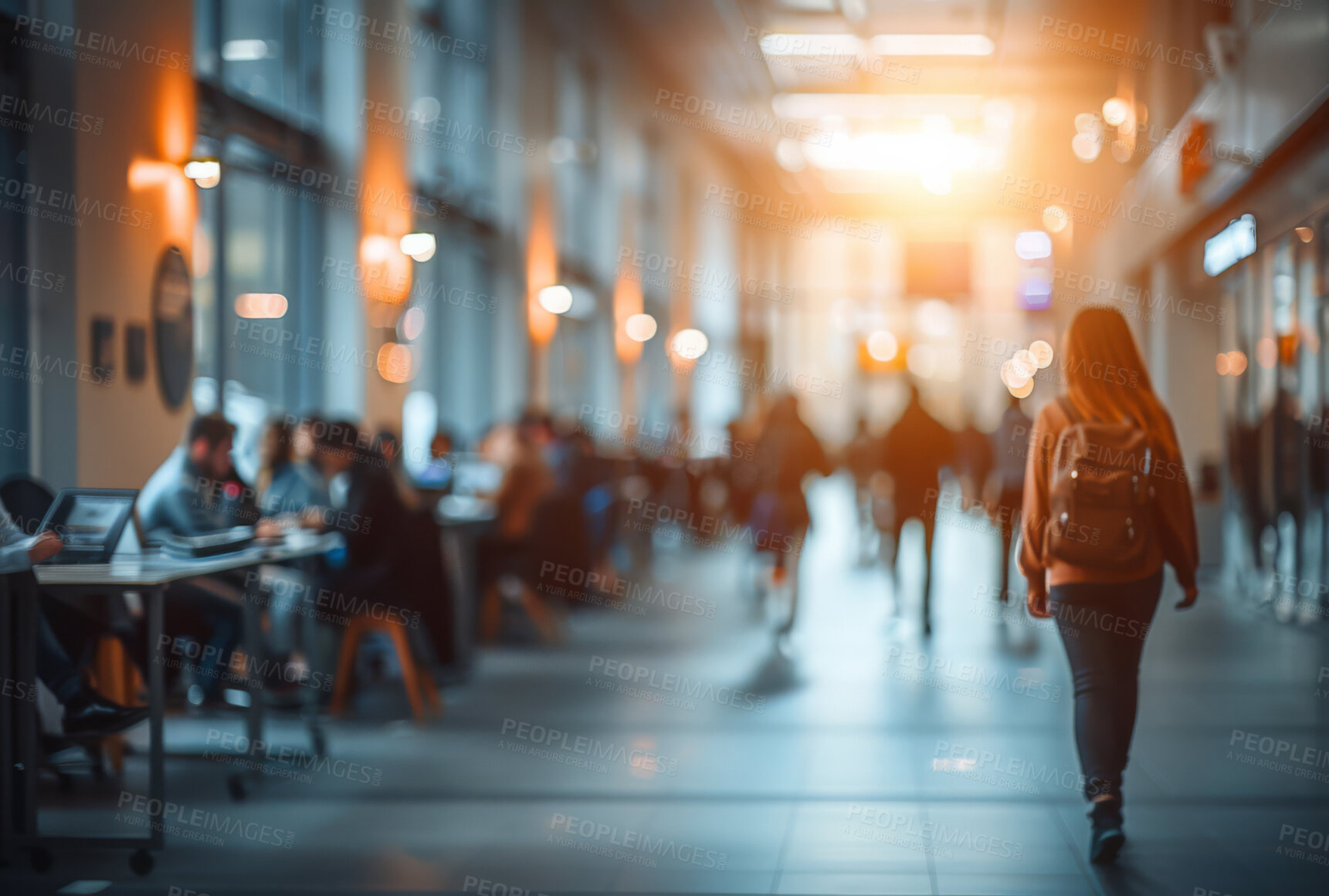 Buy stock photo Corporate, building and business group of people walking in large office, hotel or hallway. Blurry, silhouette and movement background for architecture, wallpaper and conference in modern times