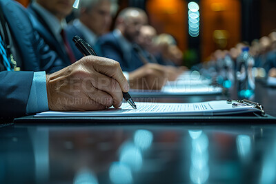 Businessman, signing and contract or anonymous person sitting in office, boardroom or desk. Document, closeup and background for business, agreements and negotiation in modern corporate scene