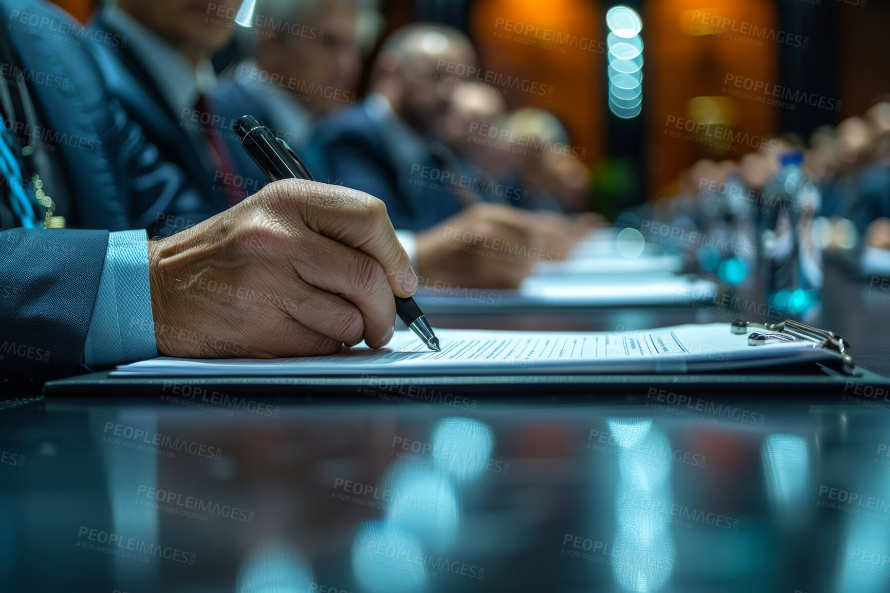 Buy stock photo Businessman, signing and contract or anonymous person sitting in office, boardroom or desk. Document, closeup and  background for business, agreements and negotiation in modern corporate scene