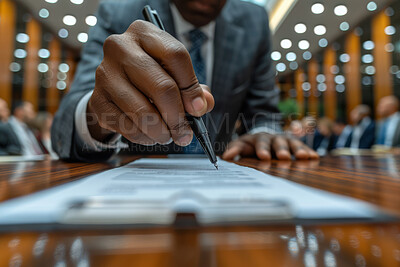 African businessman, signing and contract or anonymous person sitting in office, boardroom or desk. Document, closeup and background for business, agreements and negotiation in modern corporate scene