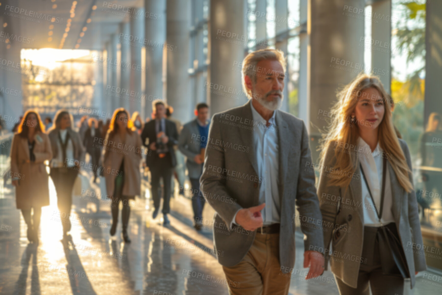 Buy stock photo Corporate, building and business group of people walking in large office, hotel or hallway. Blurry, silhouette and movement background for architecture, wallpaper and conference in modern times