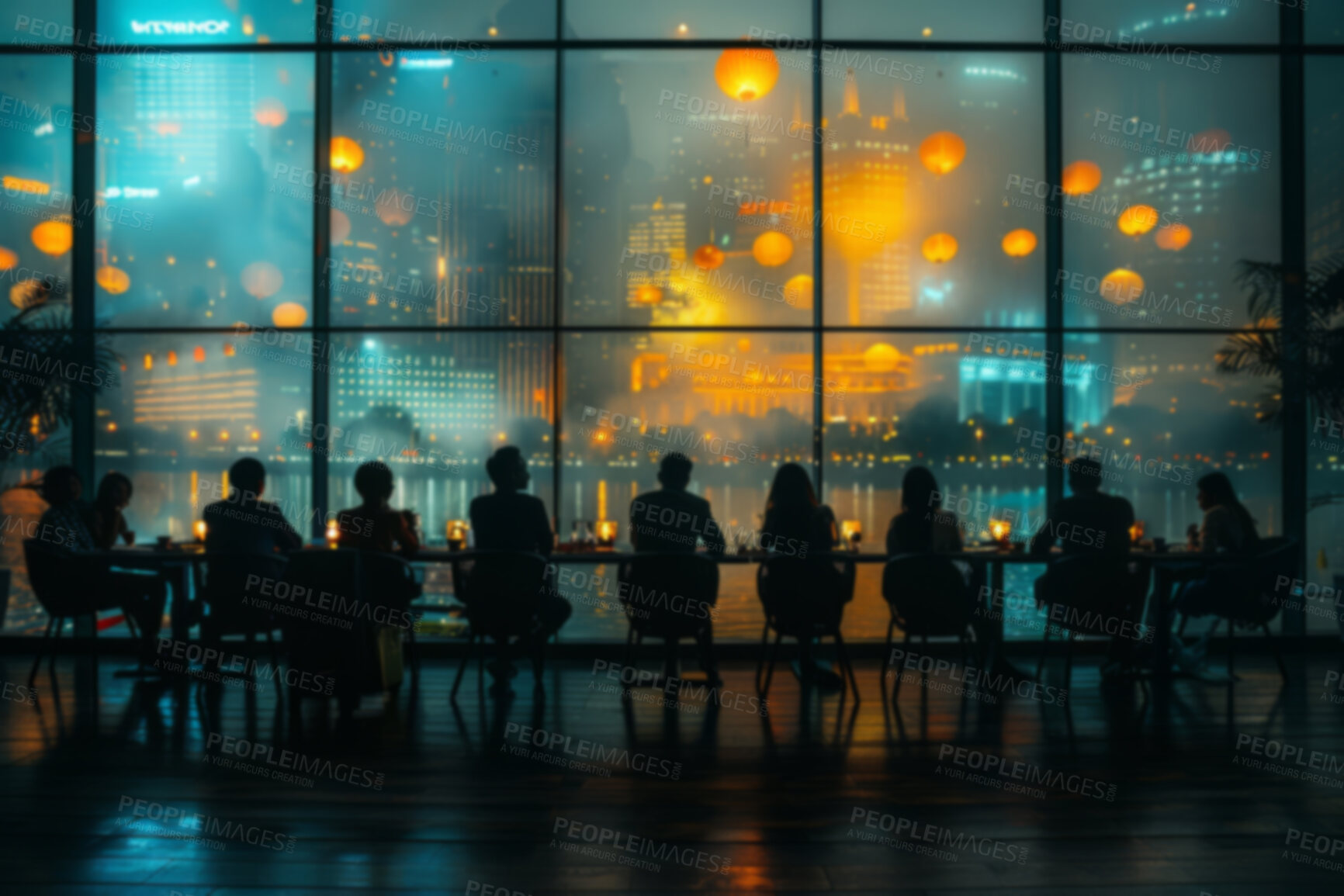 Buy stock photo Office, silhouette and business group of people working in cafeteria, boardroom with large windows. Sunset, silhouette and city background for meeting, company and conference in modern times