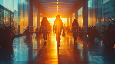 Corporate, building and business group of people walking in large office, hotel or hallway. Blurry, silhouette and movement background for architecture, wallpaper and conference in modern times