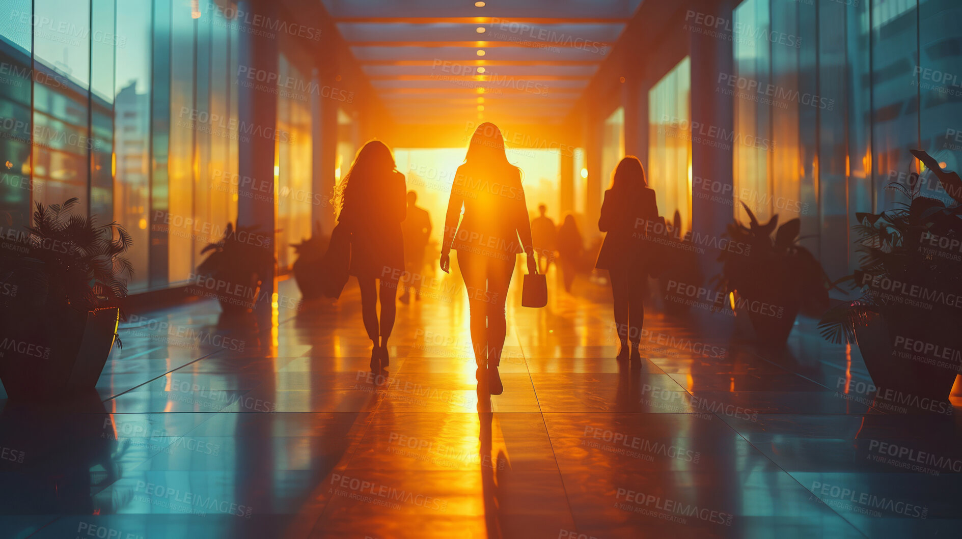 Buy stock photo Corporate, building and business group of people walking in large office, hotel or hallway. Blurry, silhouette and movement background for architecture, wallpaper and conference in modern times