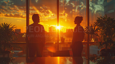Office, silhouette and business group of people working in cafeteria, boardroom with large windows. Sunset, silhouette and city background for meeting, company and conference in modern times