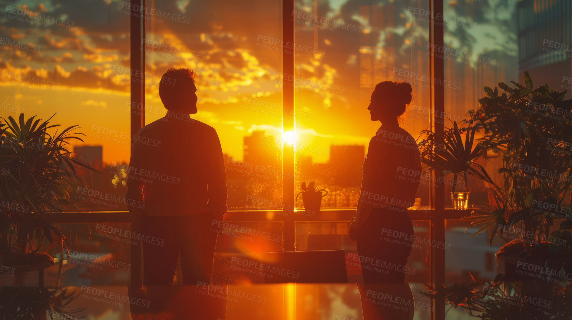 Buy stock photo Office, silhouette and business group of people working in cafeteria, boardroom with large windows. Sunset, silhouette and city background for meeting, company and conference in modern times