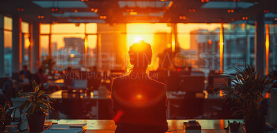 Office, silhouette and business person of people working in cafeteria, boardroom with large windows. Sunset, silhouette and city background for meeting, company and conference in modern times