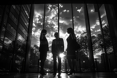 Office, silhouette and business group of people working in large office, conference room or stock market. Blurry, silhouette and background for meeting, company and conference in modern times