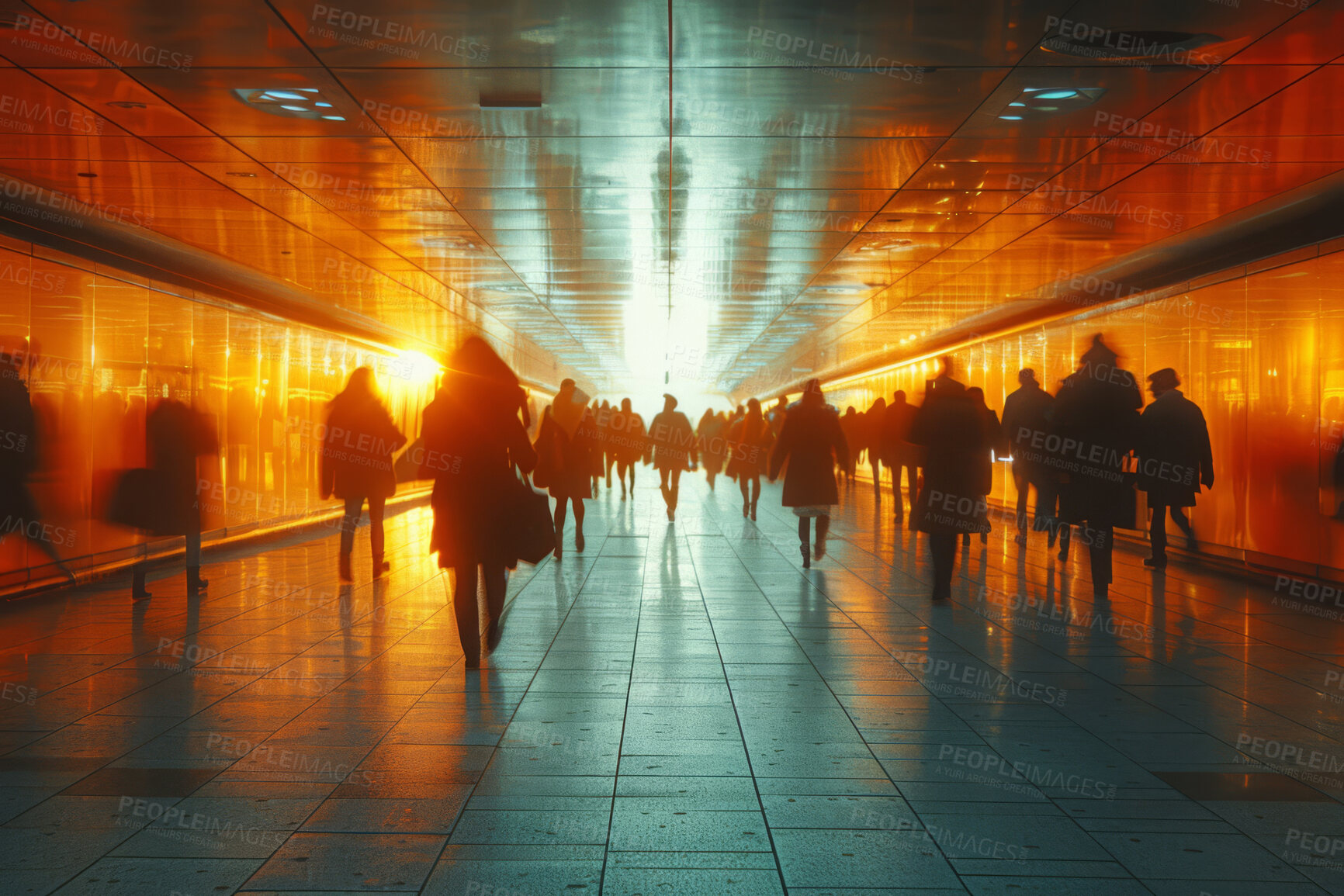 Buy stock photo Corporate, building and business group of people walking in large office, hotel or hallway. Blurry, silhouette and movement background for architecture, wallpaper and conference in modern times