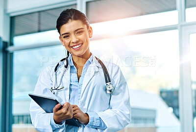 Buy stock photo Portrait, doctor and smile of woman with tablet in hospital for research, telehealth or healthcare. Face, happiness and female medical professional with touchscreen tech for online wellness in clinic