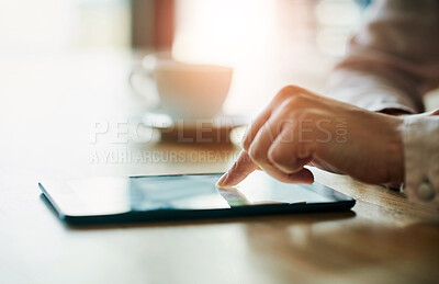 Buy stock photo Closeup of business hands working on a digital tablet in a modern office. Professional at work on touch screen browsing the online market for data or information on trading, investment or growth.