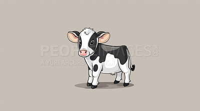 Buy stock photo Cow, illustration and digital art of an animal isolated on a background for poster, post card or printing. Cute, creative and drawing of a cartoon character for wallpaper, canvas and decoration