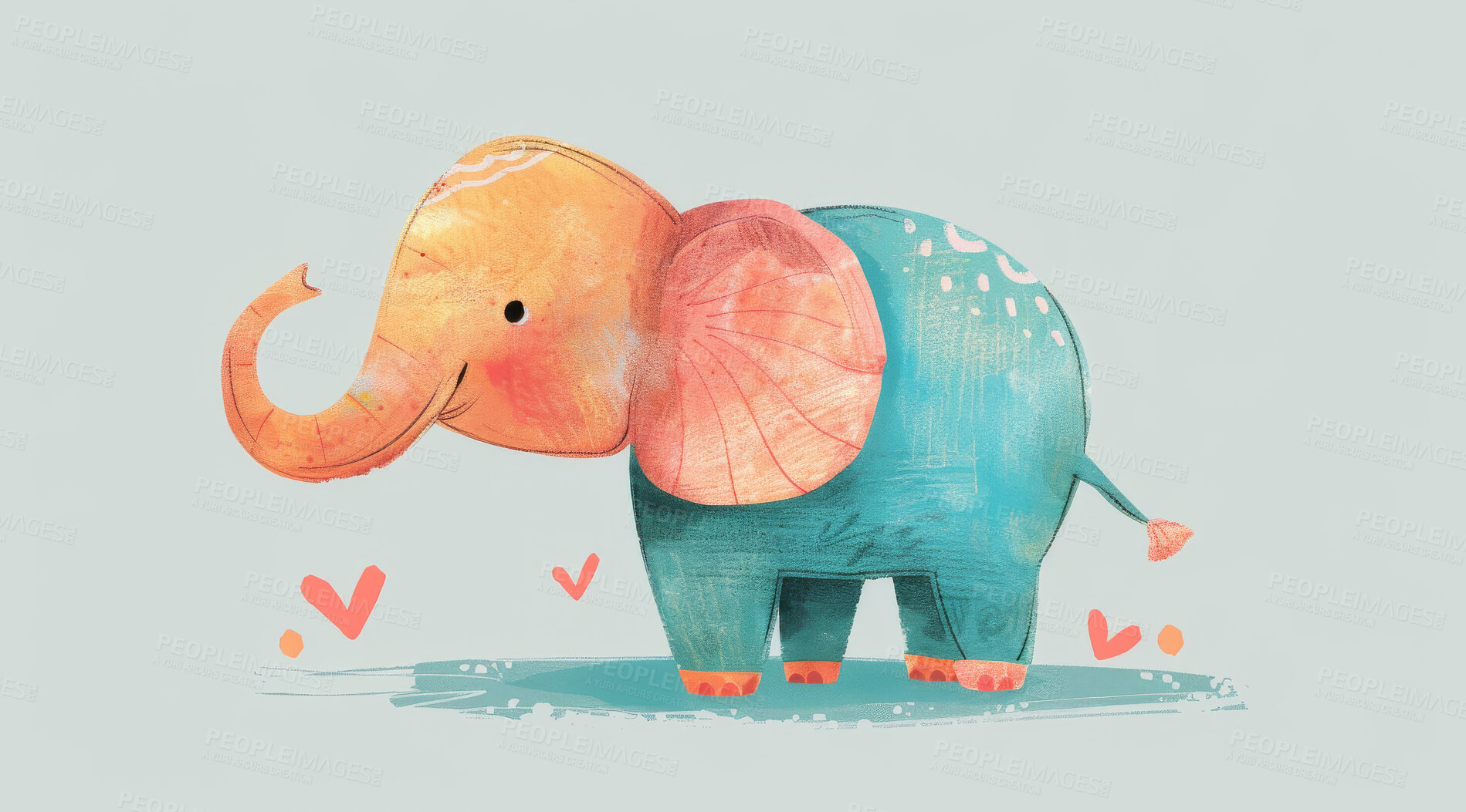 Buy stock photo Elephant, illustration and digital art of an animal isolated on a background for poster, post card or printing. Cute, creative and drawing of a cartoon character for wallpaper, canvas and decoration