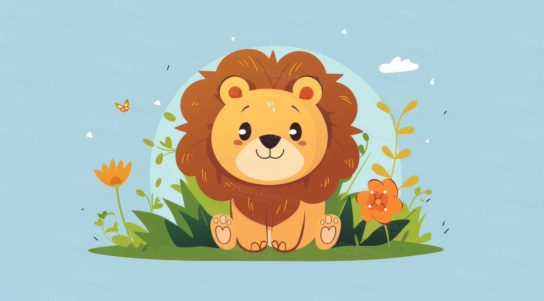Buy stock photo Lion, illustration and digital art of an animal isolated on a background for poster, post card or printing. Cute, creative and drawing of a cartoon character for wallpaper, canvas and decoration