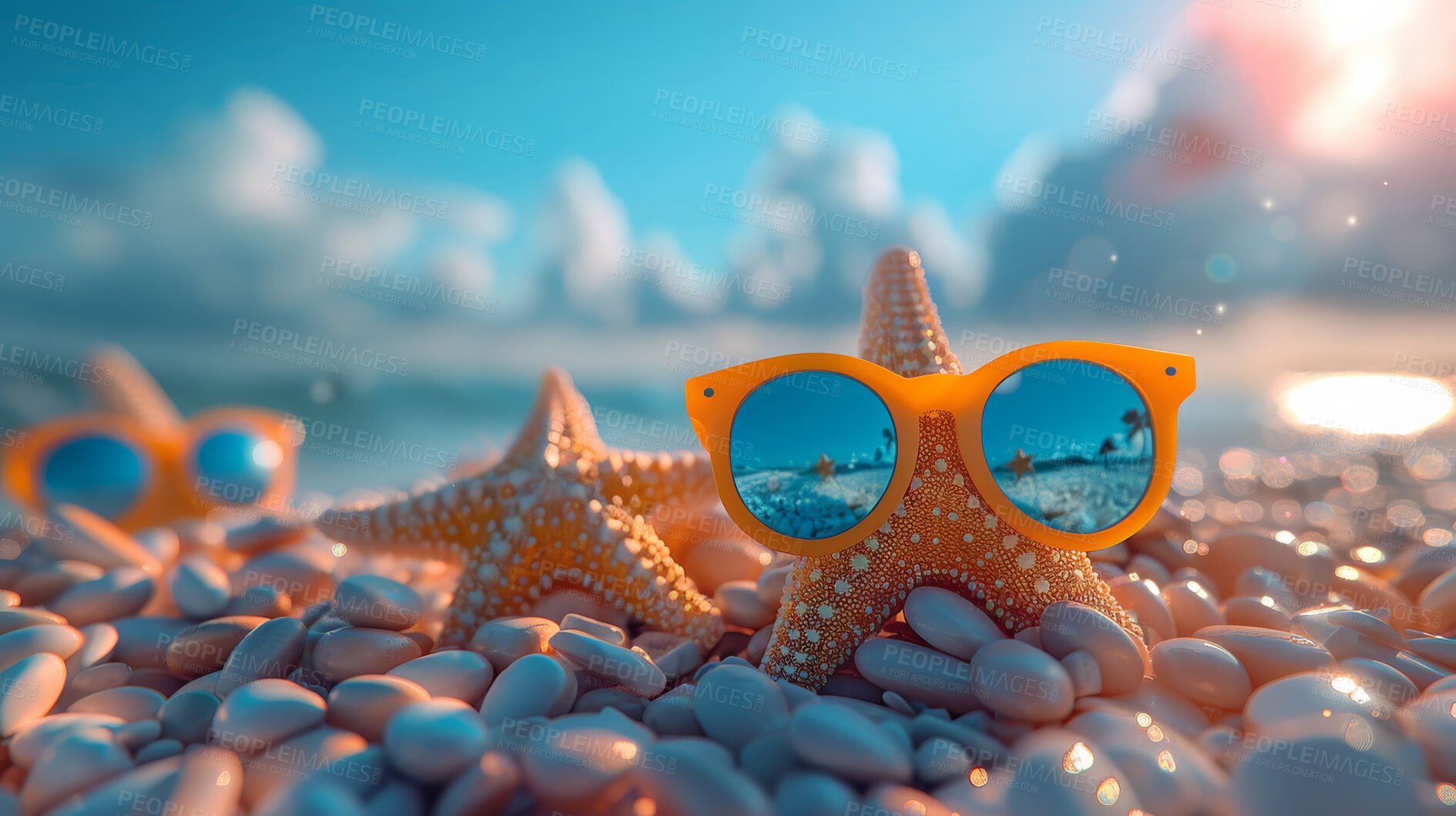 Buy stock photo Glasses, water and starfish with beach landscape or blue sky. Tropical paradise, dream holiday or island vacation. Background, summer wallpaper and relaxation in nature, sun and blue sea waves