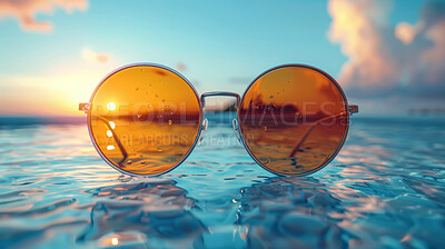 Glasses, water and sunset with beach landscape or blue sky. Tropical paradise, dream holiday or island vacation. Background, summer wallpaper and relaxation in nature, sun and blue sea waves