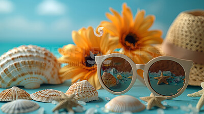 Glasses, water and seashells with beach landscape or blue sky. Tropical paradise, dream holiday or island vacation. Background, summer wallpaper and relaxation in nature, sun and blue sea waves