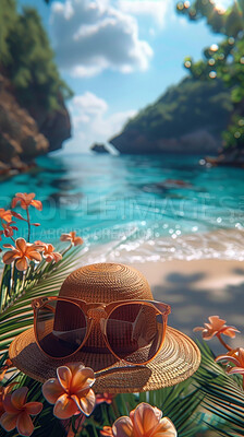 Glasses, water and flowers with floral or sun hat. Tropical paradise, dream holiday or island vacation at the beach. Background, summer wallpaper and relax in nature, sun and blue sea waves