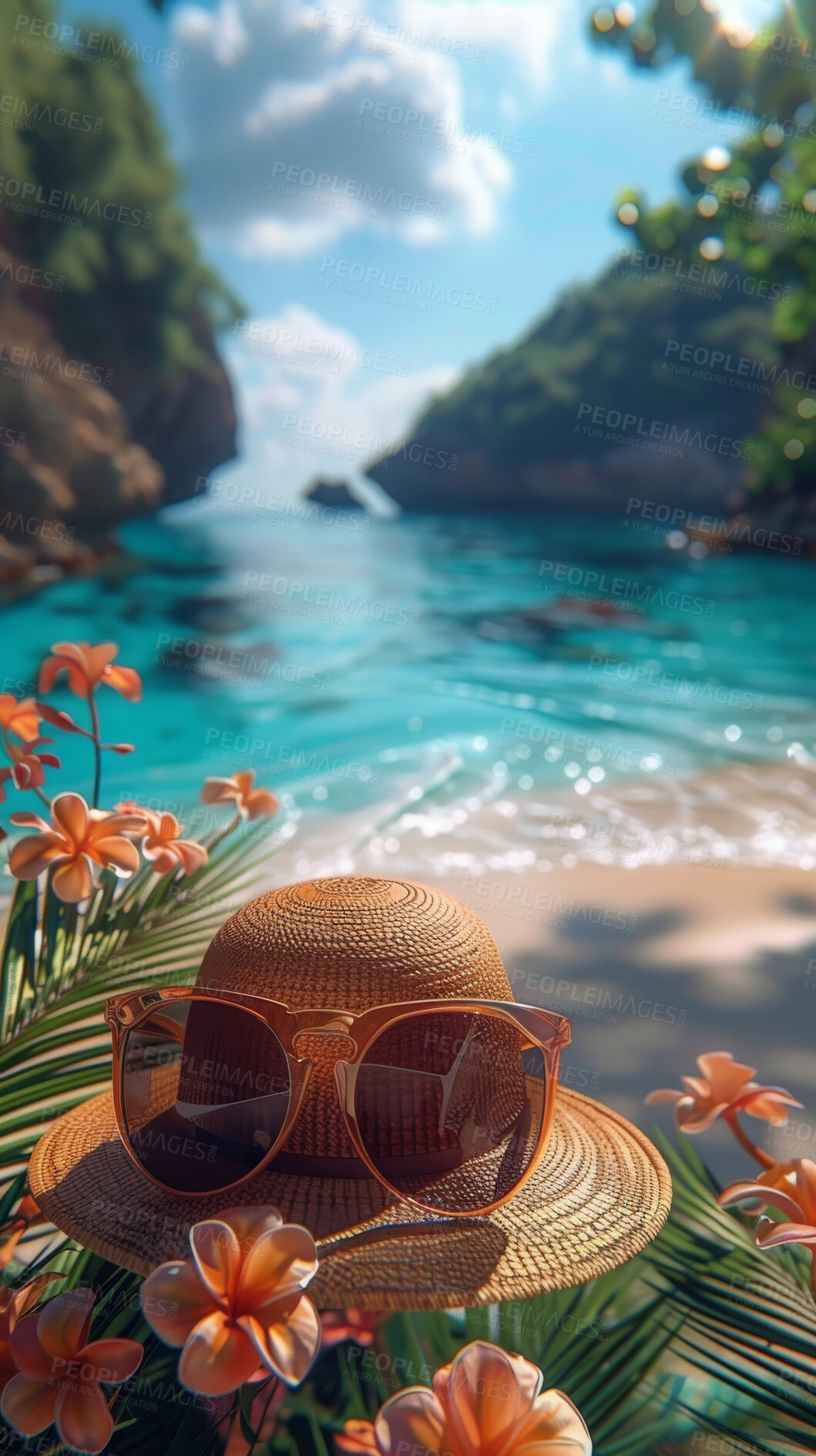 Buy stock photo Glasses, water and flowers with floral or sun hat. Tropical paradise, dream holiday or island vacation at the beach. Background, summer wallpaper and relax in nature, sun and blue sea waves