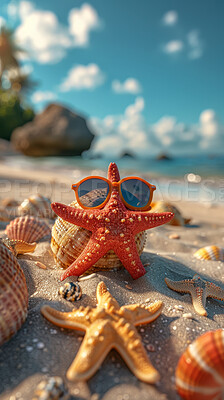 Glasses, starfish and beach landscape with mock up or travel. Tropical paradise, dream holiday or island vacation. Background, summer wallpaper and relax in nature, sun and blue sea waves