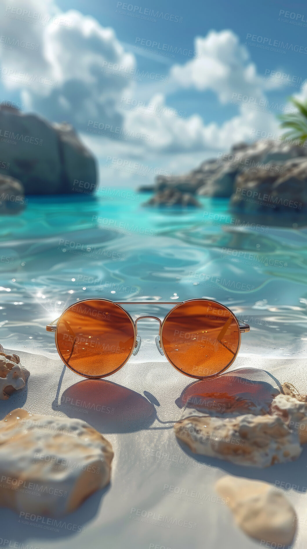 Buy stock photo Glasses, palm trees and beach landscape with mock up or travel. Tropical paradise, dream holiday or island vacation. Background, summer wallpaper and relax in nature, sun and blue sea waves