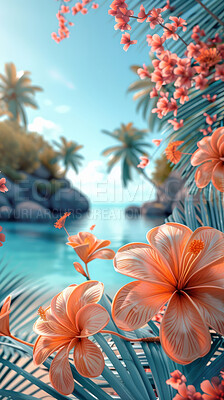 Tropical, water and beach holiday with mock up or travel. flowers, dream vacation or island paradise. Background, summer wallpaper and relax in nature, sun with blue sea, waves and natural views