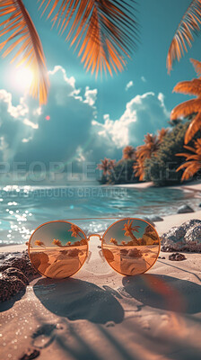Glasses, palm trees and beach landscape with mock up or travel. Tropical paradise, dream vacation or island vacation. Background, summer wallpaper and relax in nature, sun and blue sea waves