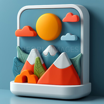 Cartoon, 3D and illustrations for travel, vacation or tropical holiday concept for mock up. Island, remote location and miniature objects. Relaxation, journey and playful concept with pastel colours