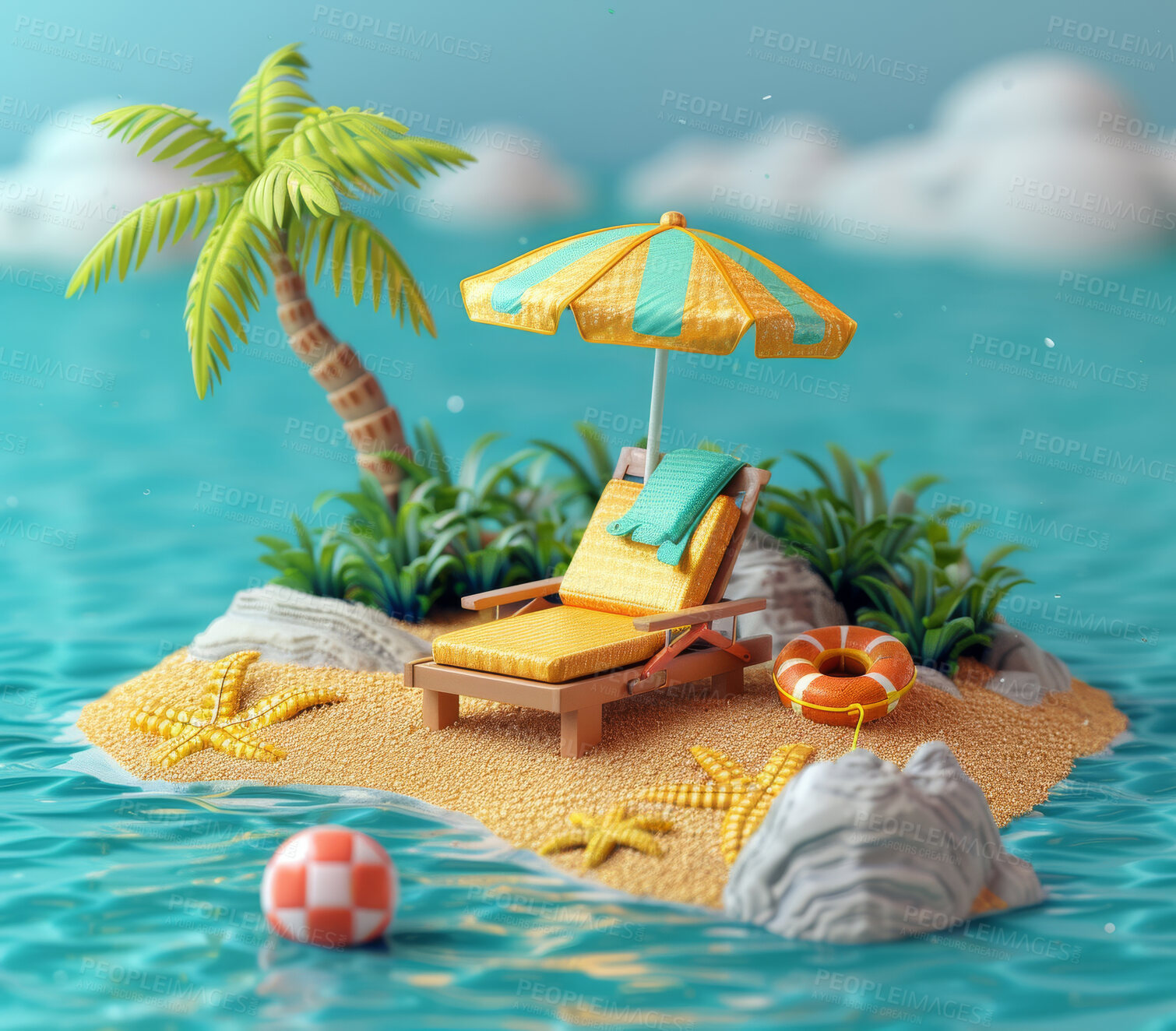 Buy stock photo Cartoon, 3D and illustrations for travel, vacation or tropical holiday concept for mock up. Island, remote location and miniature objects. Relaxation, journey and playful concept with pastel colours