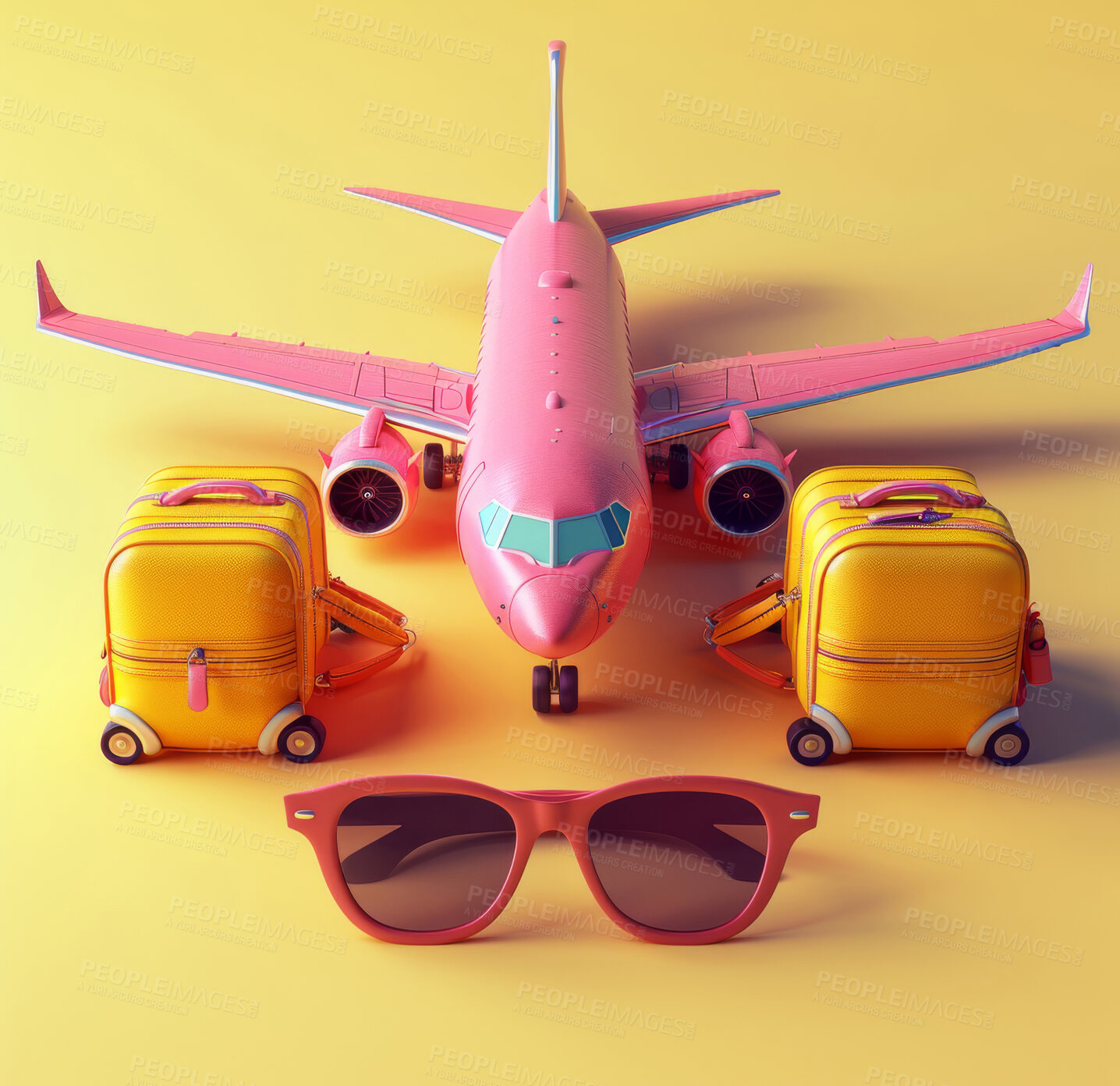 Buy stock photo Cartoon, 3D and illustrations for travel, vacation or holiday concept for mock up. Luggage, suitcase and ready for adventure, journey and exploration with playful concept and pastel colours