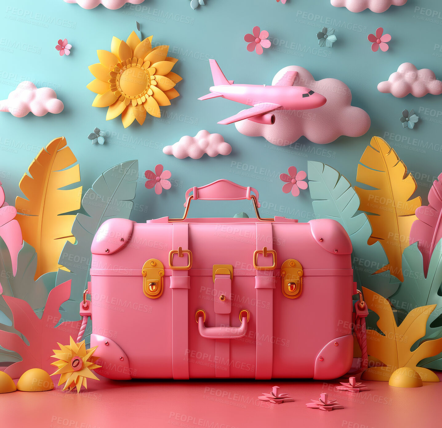 Buy stock photo Cartoon, 3D and illustrations for travel, vacation or holiday concept for mock up. Luggage, suitcase and ready for adventure, journey and exploration with playful concept and pastel colours
