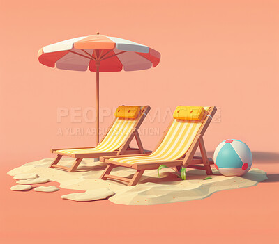 Cartoon, 3D and illustrations for travel, vacation or tropical holiday concept for mock up. Island, remote location and miniature objects. Relaxation, journey and playful concept with pastel colours