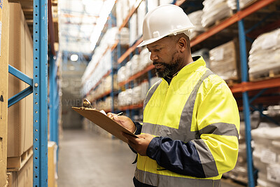 Checklist, logistics and man with stock in warehouse reading for ecommerce delivery information. Shipping, clipboard and African industry worker with inventory for package, parcel or boxes in factory