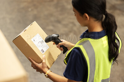 Scanner, box and woman in warehouse checking stock for distribution, inspection and delivery. Ecommerce, logistics and girl with digital barcode reader for package inventory, order and supply chain.