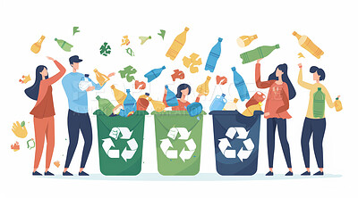Illustration, recycle and volunteer throwing bottle in dustbin for environmental, awareness and sustainability concept. Plastic and white background with copyspace for Earth Day, eco system or ecology
