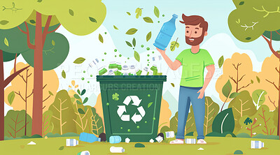 Illustration, recycle and volunteer throwing bottle in dustbin for environmental, awareness and sustainability concept. Plastic and park background with copyspace for Earth Day, eco system or ecology