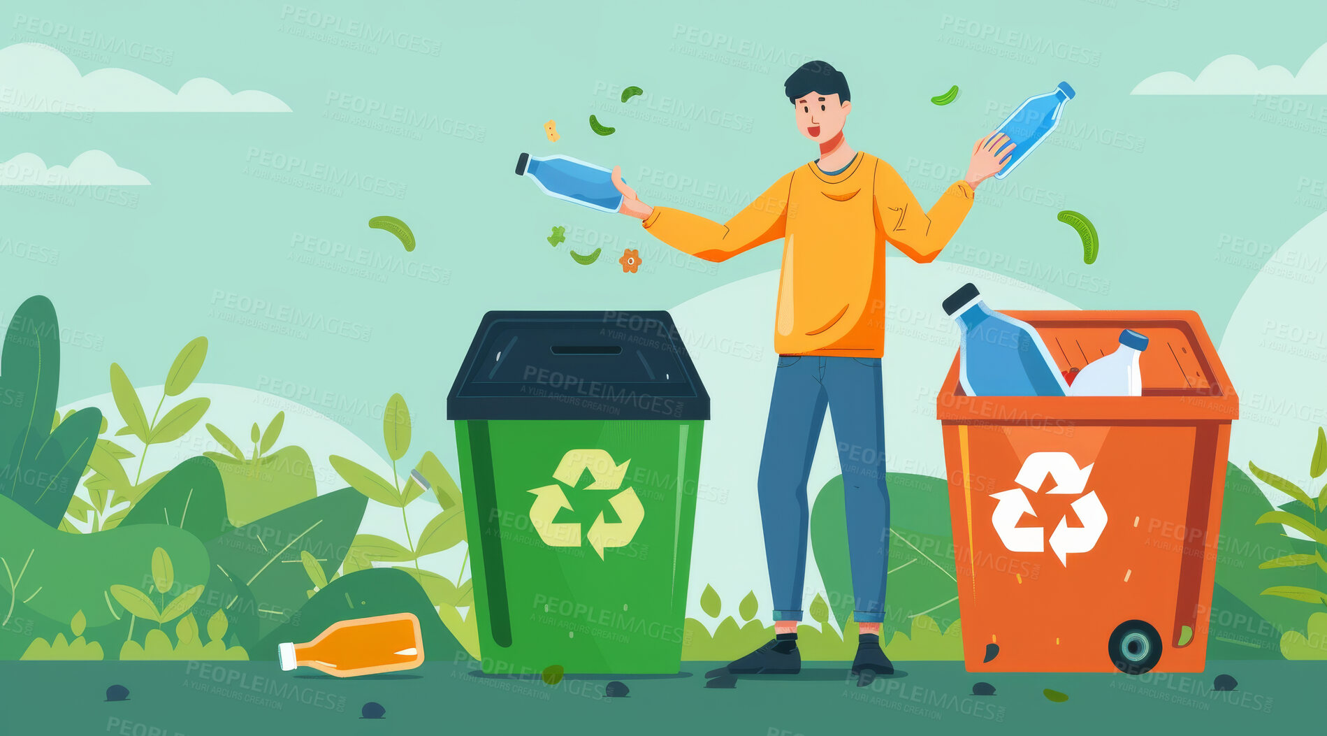 Buy stock photo Illustration, recycle and volunteer throwing bottle in dustbin for environmental, awareness and sustainability concept. Plastic and park background with copyspace for Earth Day, eco system or ecology