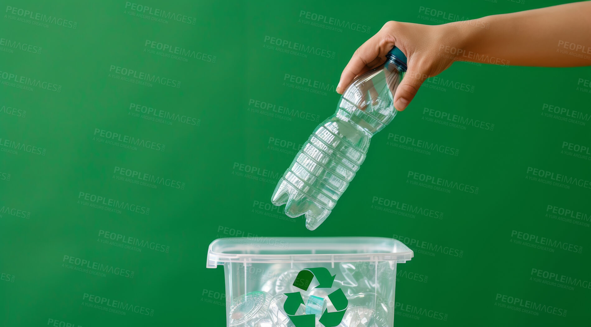 Buy stock photo Hand, recycle and volunteer throwing bottle in dustbin for environmental, awareness and sustainability concept. Plastic and green background with copyspace for Earth Day, eco system or ecology