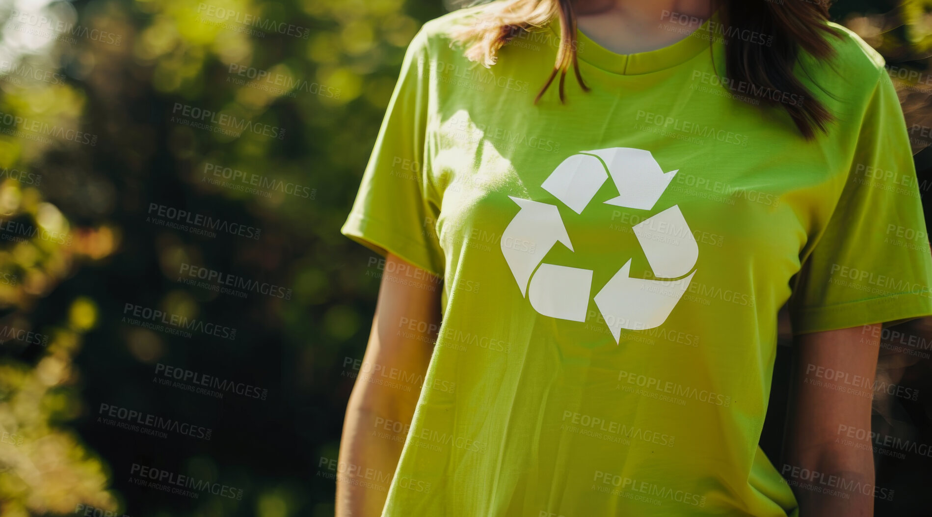 Buy stock photo Recycle, eco friendly and person with tshirt for environmental, awareness and sustainability concept. Green, mockup and white print symbol with copyspace for Earth Day, eco system and ecology logo