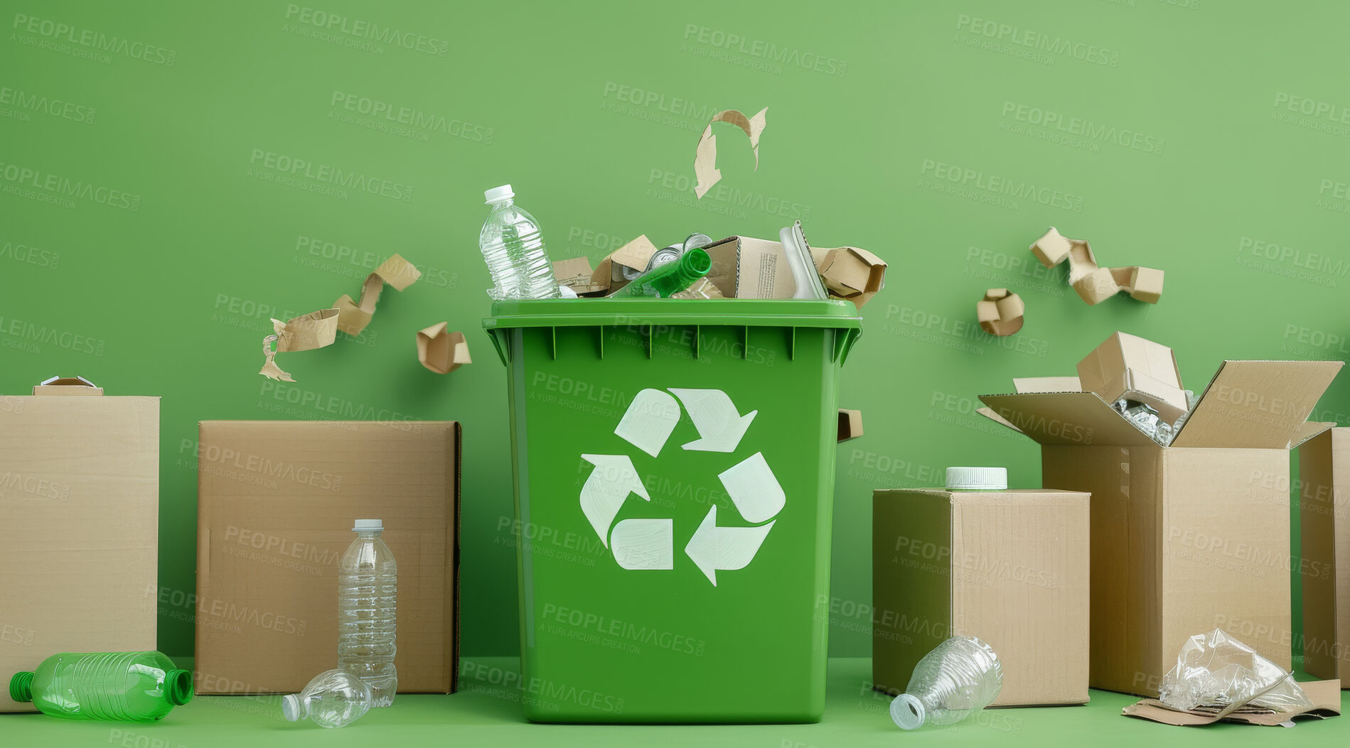 Buy stock photo Trash, dumpster and recycle sign background mockup for environmental, awareness and sustainability concept. Green backdrop, mockup and symbol with copyspace for Earth Day, eco system or ecology logo