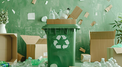 Trash, dumpster and recycle sign background mockup for environmental, awareness and sustainability concept. Green backdrop, mockup and symbol with copyspace for Earth Day, eco system or ecology logo