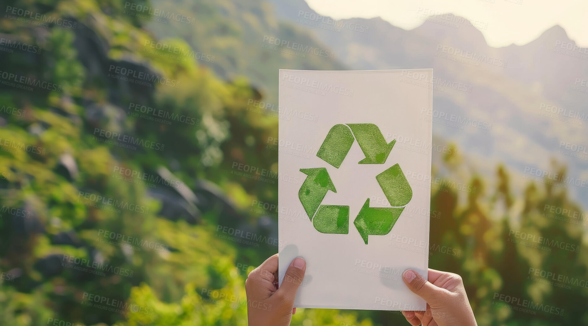 Buy stock photo Hand, recycle and volunteer holding a poster for environmental, awareness and sustainability concept. Protest, board and green design with copyspace for Earth Day background, eco system or ecology