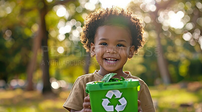 Toddler, recycle and volunteer cleaning the park for environmental, awareness and sustainability concept. Happy, smile and African child with copyspace for Earth Day background, eco system or ecology
