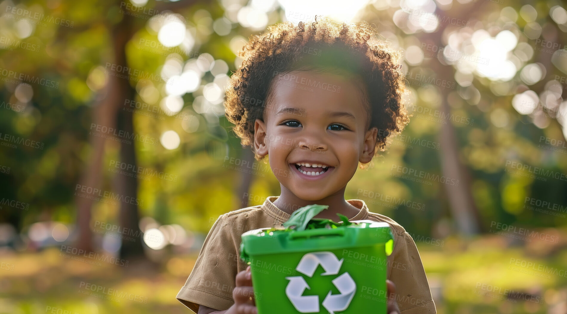 Buy stock photo Toddler, recycle and volunteer cleaning the park for environmental, awareness and sustainability concept. Happy, smile and African child with copyspace for Earth Day background, eco system or ecology