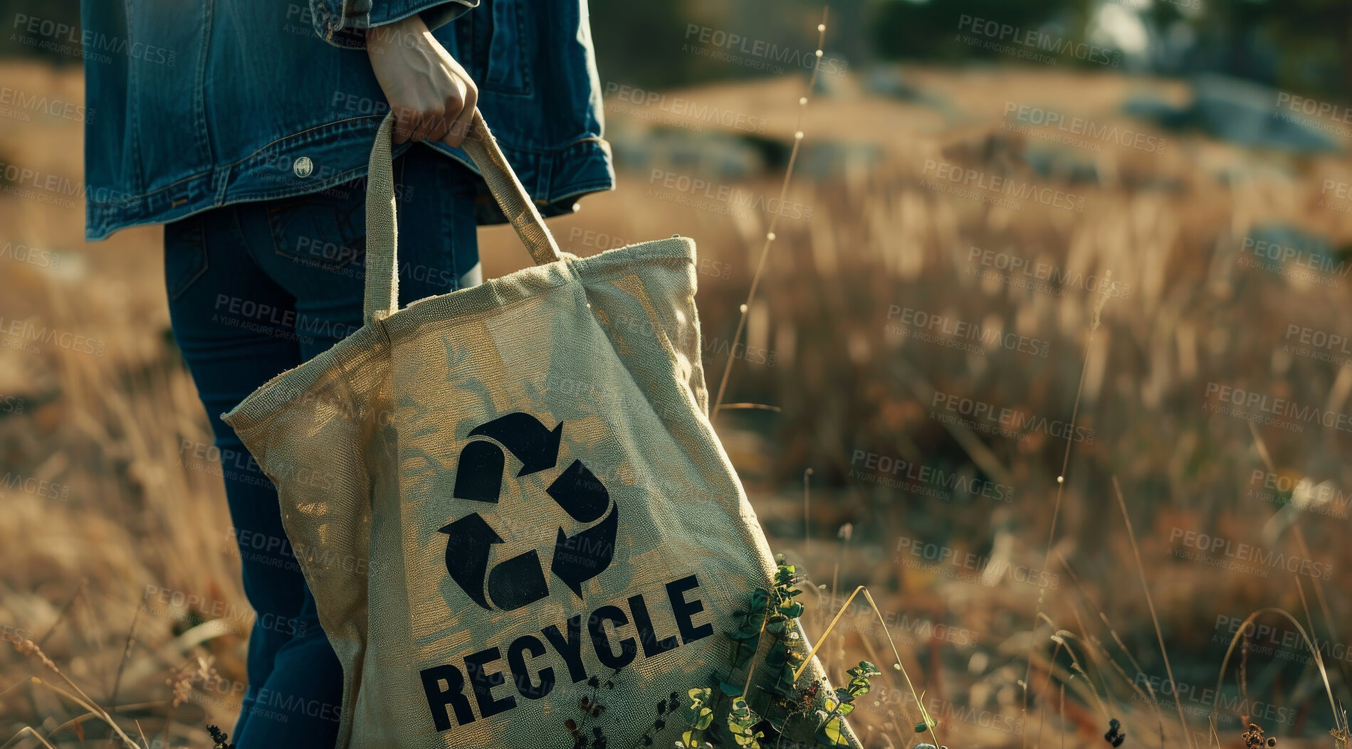 Buy stock photo Person, recycle and bag made of hemp material for environmental, awareness and sustainability concept. Garbage, mockup and symbol with copyspace for Earth Day background, eco system or ecology logo